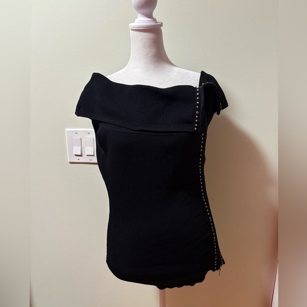 Cache Y2K off shoulder rhinestone zipper sleeveless top L black ribbed